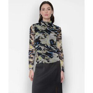 DKNY Women's Printed Mock-Neck Long-Sleeve Ruched Mesh Top Animal Print NWT